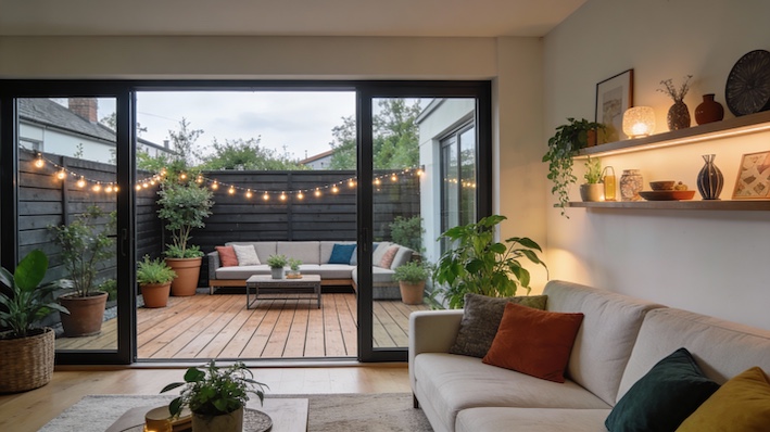 Salon moderne clair avec équipements connectés